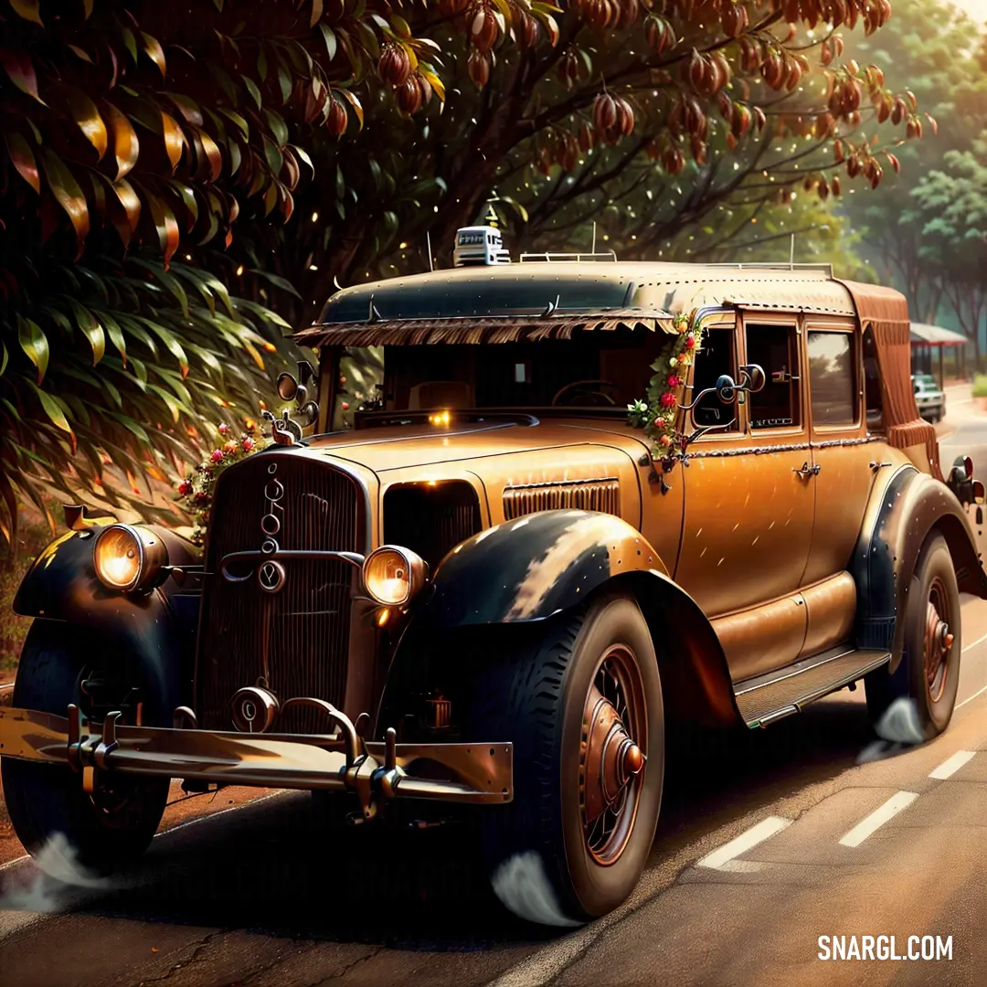 Yellow Orange color example: Old fashion car driving down a street in the daytime time with a lot of trees in the background