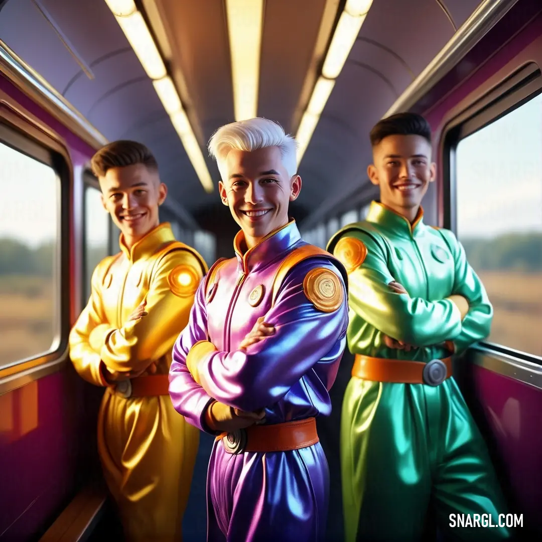 Three men in colorful costumes standing on a train car with their arms crossed and smiling at the camera. Example of CMYK 0,32,74,0 color.