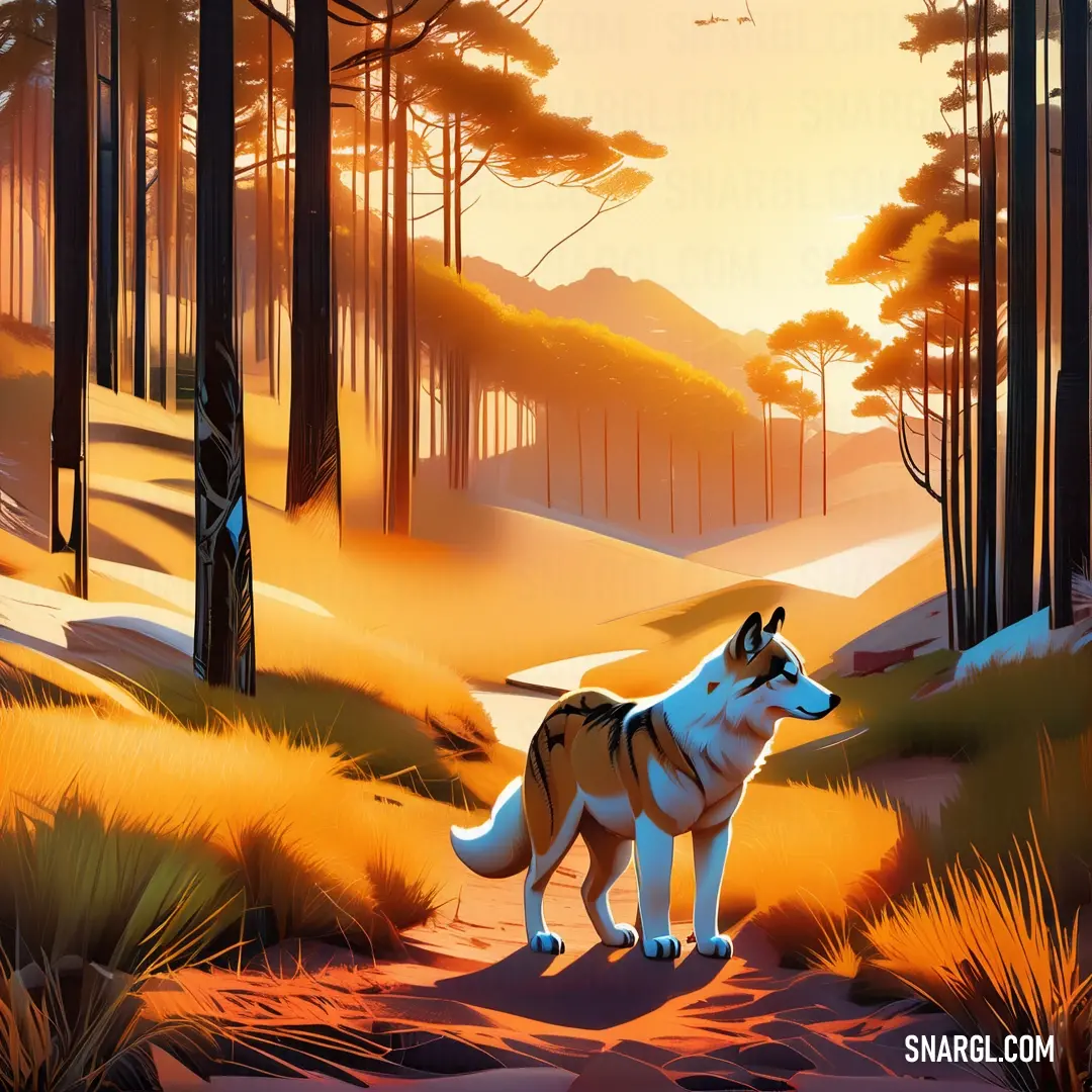 Wolf standing in a forest at sunset with a bird flying overhead in the background. Color Yellow Orange.