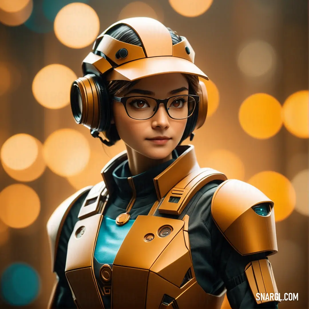 Woman in a sci - fil suit and helmet with headphones on her head and a background. Example of RGB 255,174,66 color.