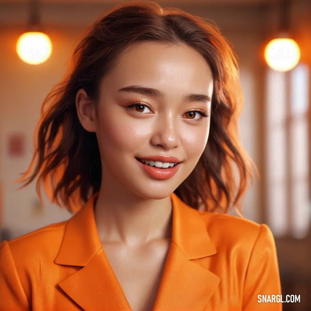 Woman with a bright orange shirt and a smile on her face and shoulder. Color CMYK 0,32,74,0.