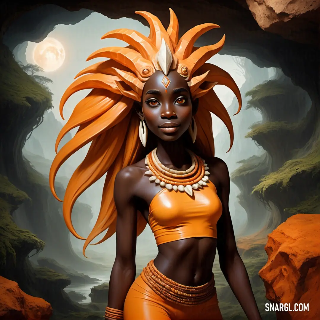 Woman with orange hair and a necklace in a cave with a moon in the background. Color #FFAE42.