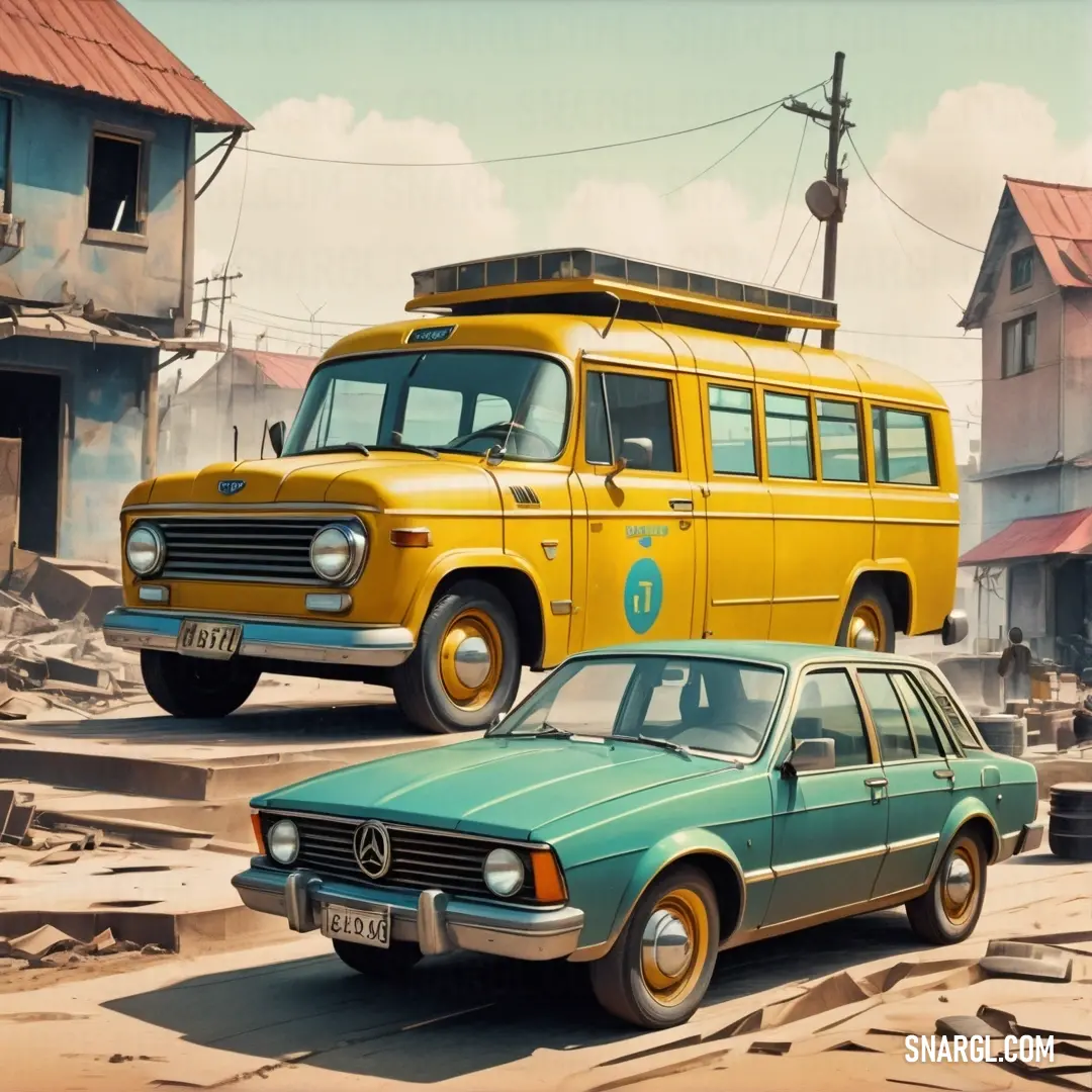 Yellow bus and a green car in a dirty area with buildings and a sky background. Color RGB 255,174,66.