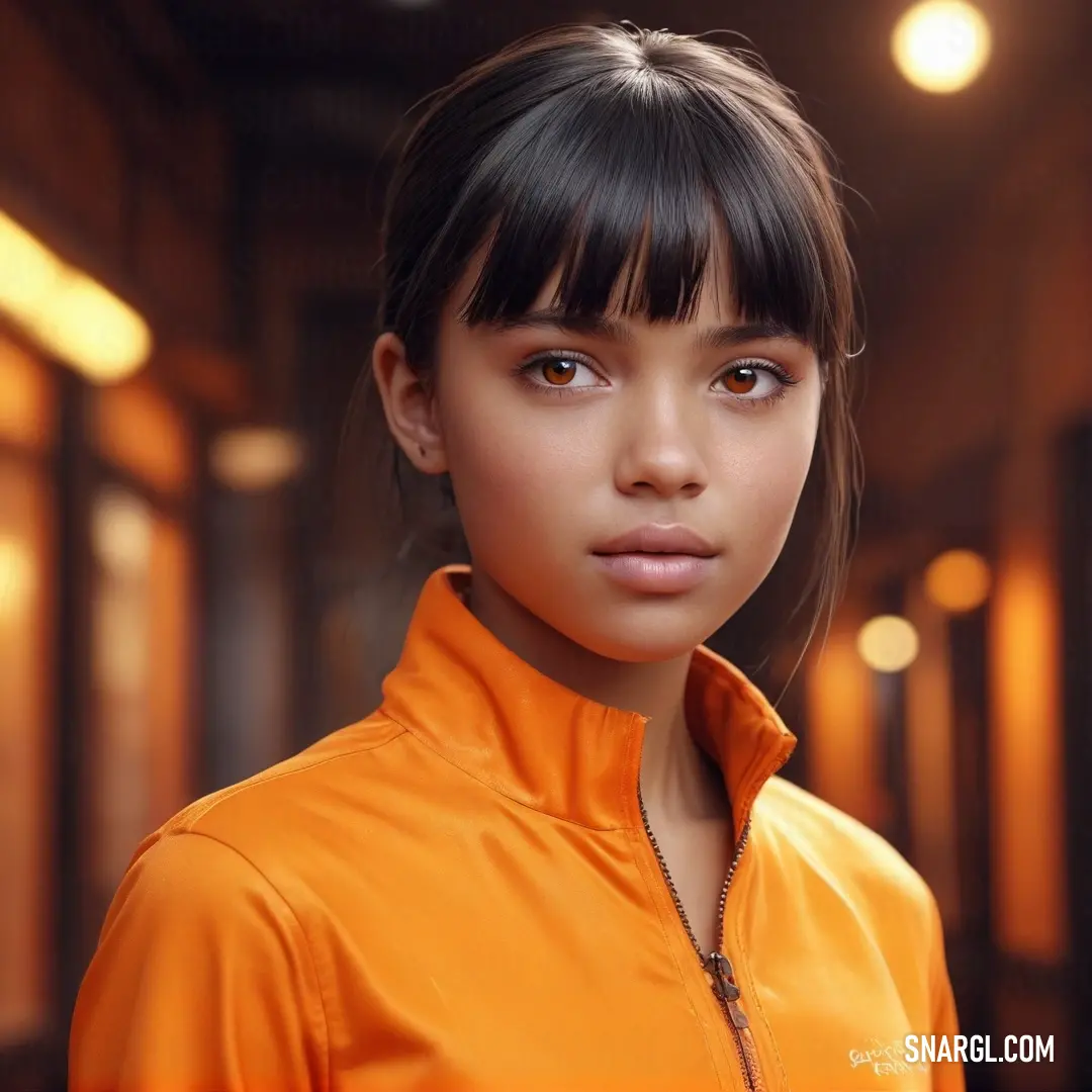 Young girl with a ponytail and bangs in an orange jacket looking at the camera with a serious look on her face