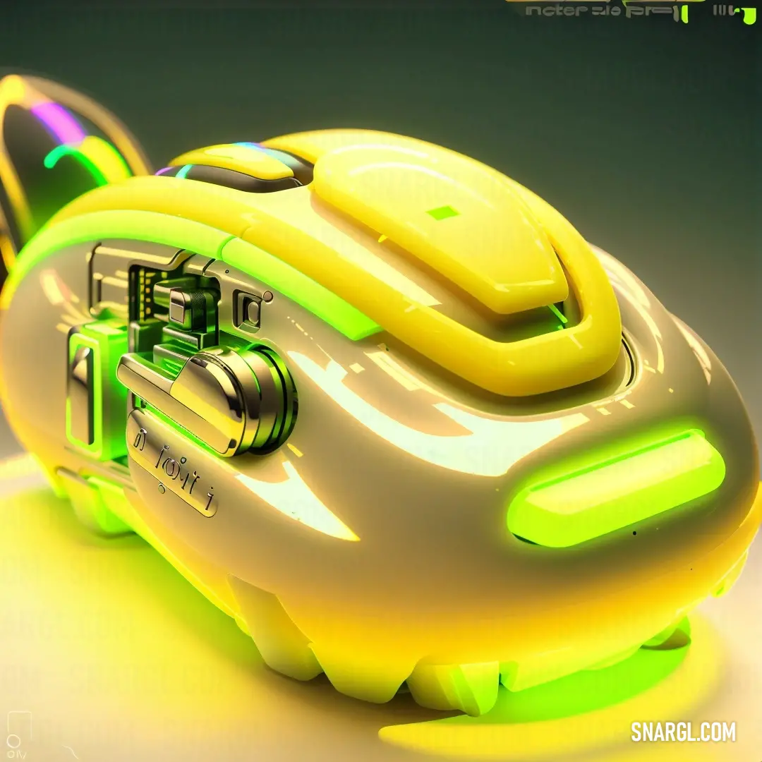 Computer mouse with a yellow and green design on it's side and a green. Color #FFFF00.