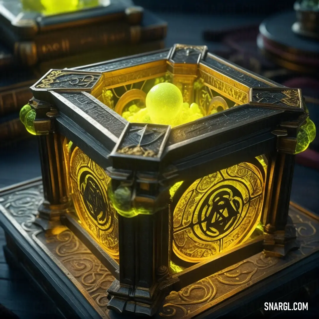 Glowing box with a yellow ball inside of it on a table next to books. Color #FFFF00.