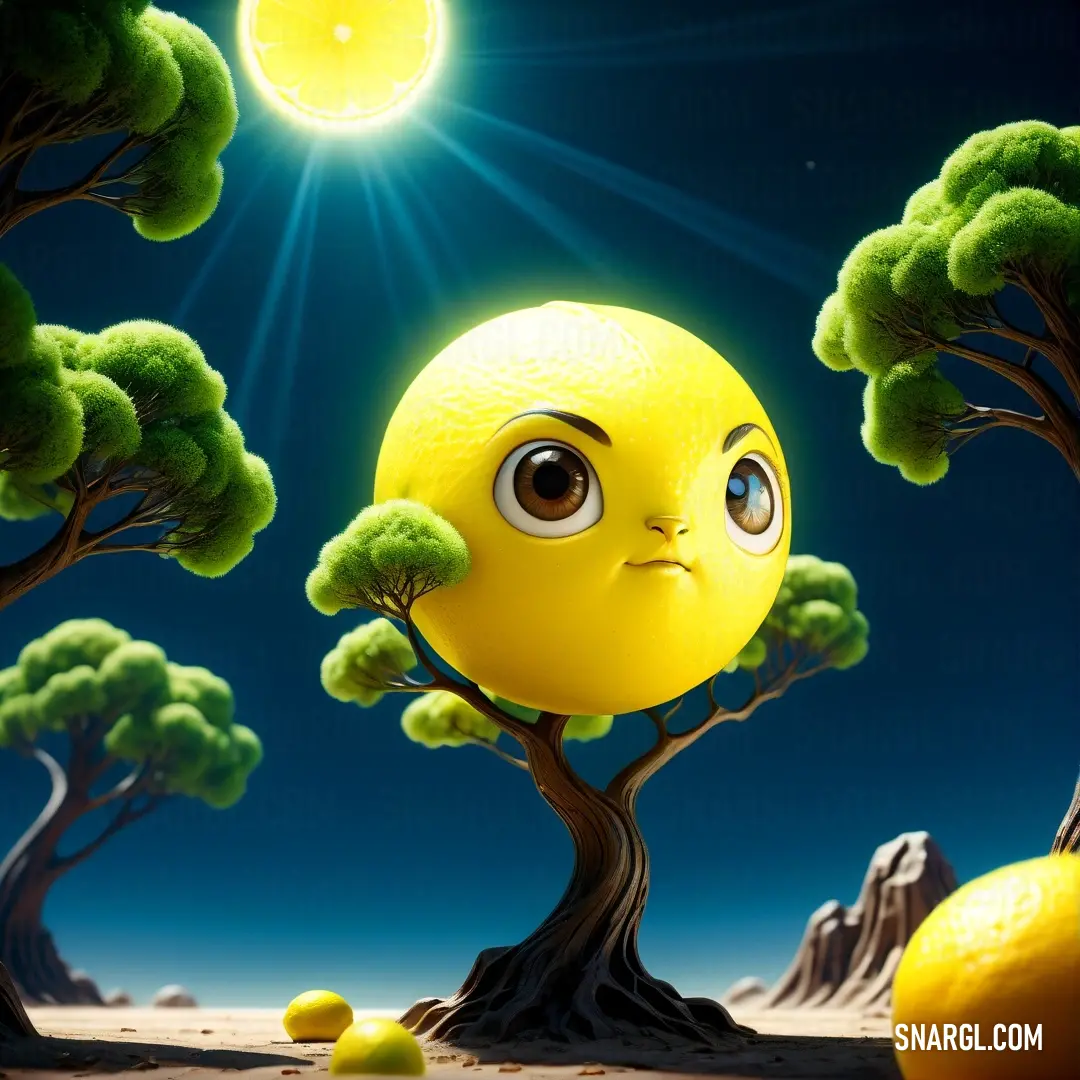 Lemon with a sad face in a tree with lemons around it and a bright sun in the background. Example of RGB 255,255,0 color.