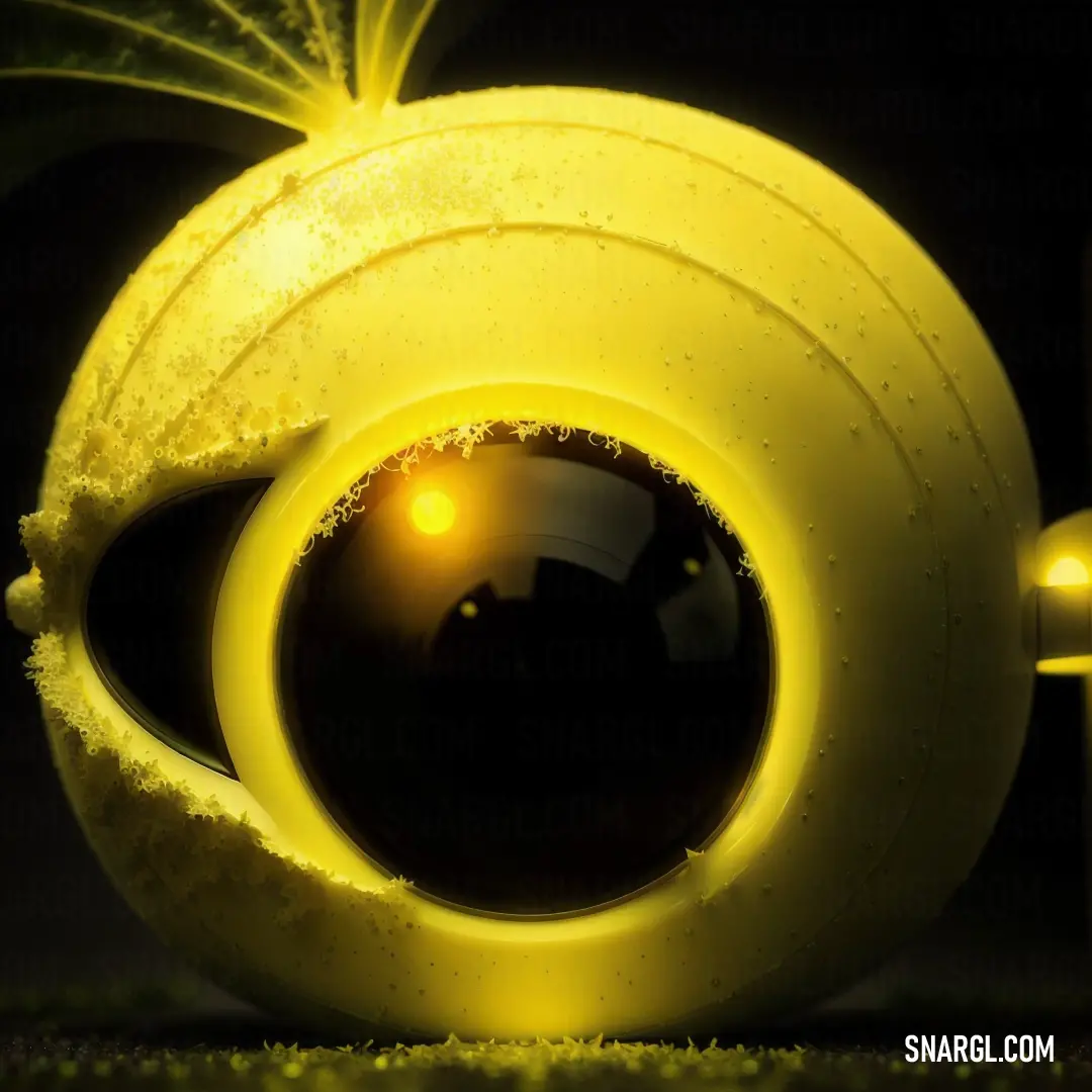Yellow object with a black ball in it's center and a yellow light in the middle of it. Example of Yellow color.