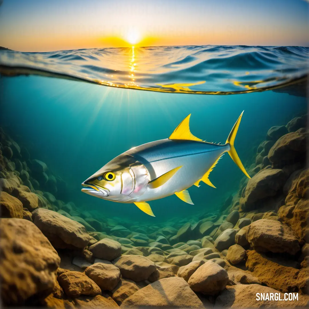 A peaceful underwater world with fish swimming around rocks, bathed in warm sunlight filtering from the surface above. A vibrant underwater scene featuring a variety of fish swimming gracefully among large rocks, with soft sunlight filtering through the ocean, illuminating the surroundings.