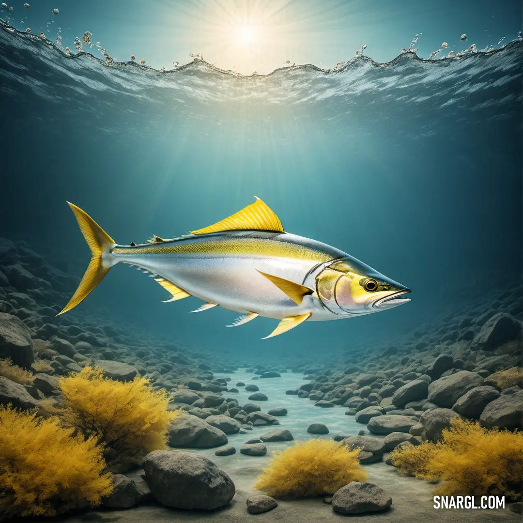 A fish swims in the open ocean, illuminated by sunlight filtering from above, with rocks and grass covering the seabed, creating a peaceful, scenic marine environment.