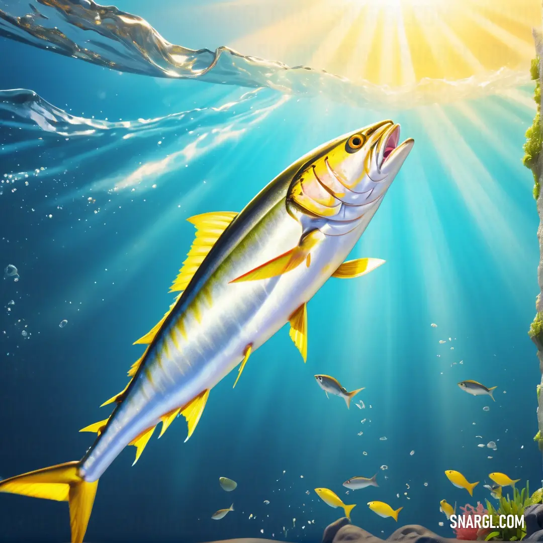 Fish swim gracefully beneath a brilliant sun, with a towering rock wall below them and the vast ocean surrounding them. A peaceful ocean scene where a school of fish swims below a radiant sun in the sky, with a dramatic rock wall stretching beneath the water's surface.