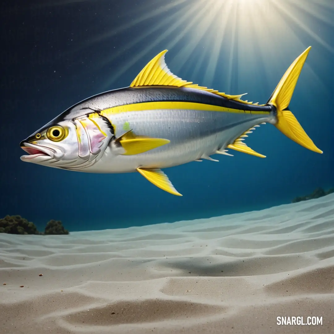 A fish glides through clear waters, near sandy rocks, as beams of sunlight shine through the water, creating a radiant and tranquil underwater world. A fish swims close to the ocean floor, surrounded by sandy areas and rocks, as a bright sunburst filters through the water, casting a warm, golden glow.