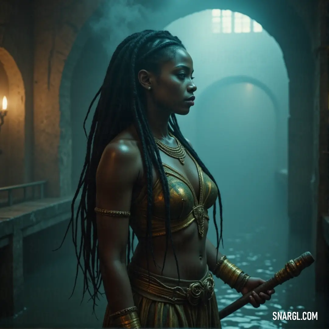 Yemi, wearing a golden outfit, holds a sword in a dimly lit tunnel, with ethereal fog swirling around them, radiating a mysterious, powerful aura. Yemi, clad in a dazzling gold outfit, grips a sword as they stand in a shadowy tunnel, mist rising from the ground, their presence glowing with otherworldly energy.