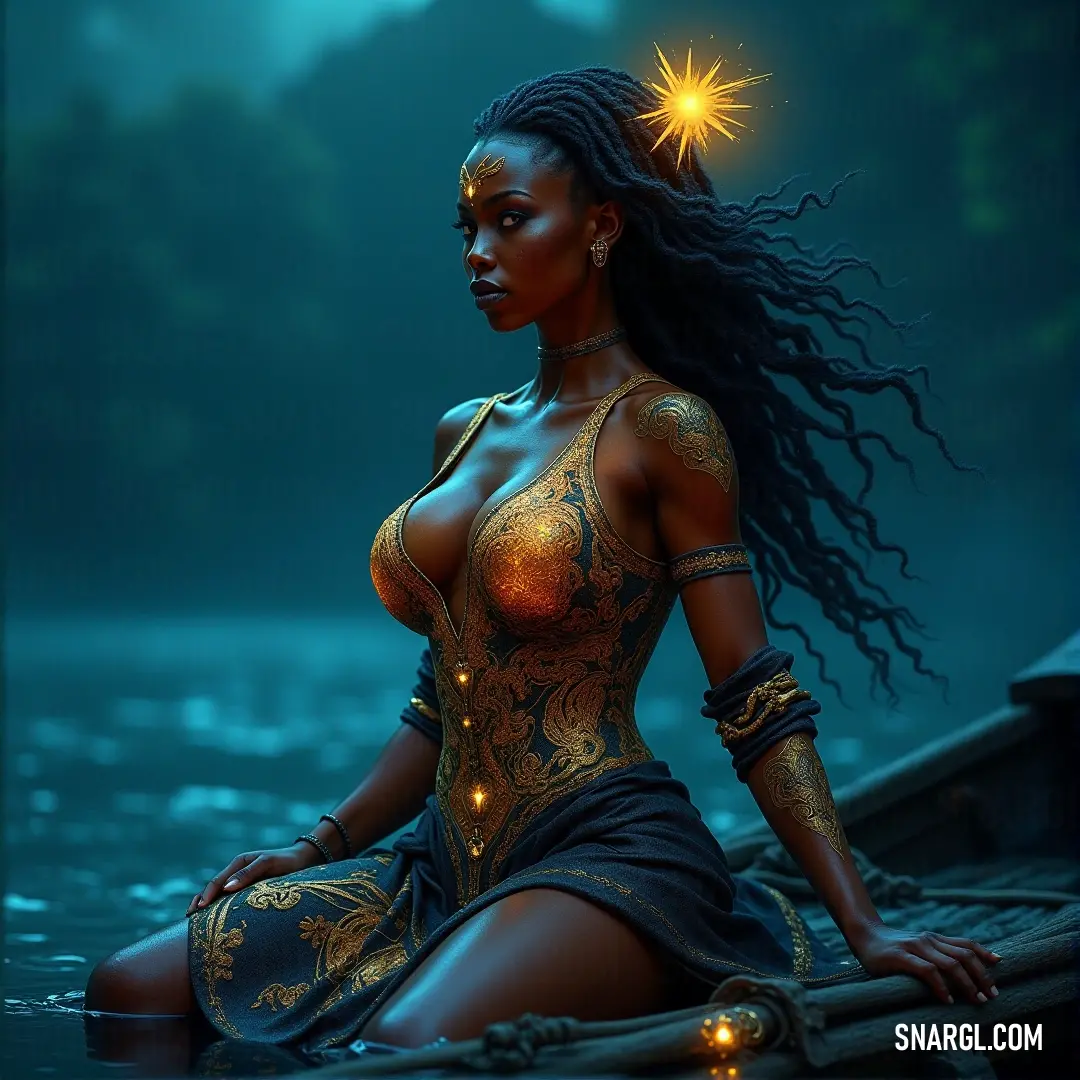 A majestic figure, covered in golden body paint, sits on a boat drifting gently in the water, a star shining brightly above her head as she embodies the spirit of the ocean and the divine.