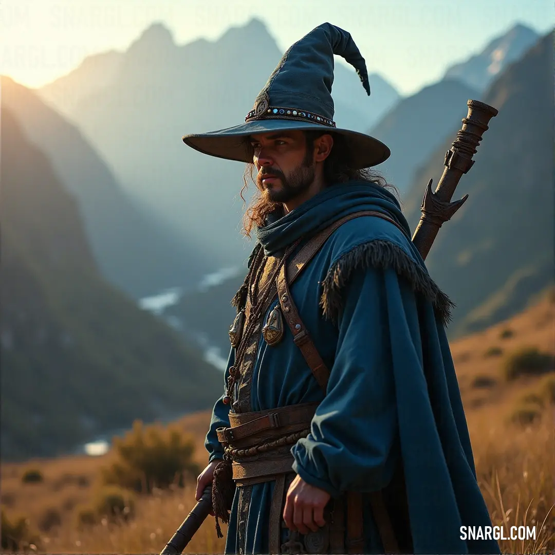 Yen Sid, a powerful wizard, stands against the backdrop of a vast mountain range, his sword drawn and his stance firm, ready to protect the land from any threat. Yen Sid, clad in an elaborate robe and hat, stands before towering mountains, his sword gleaming in the sun. The rugged landscape behind him serves as the perfect backdrop for his heroic stance, ready to face the coming storm.