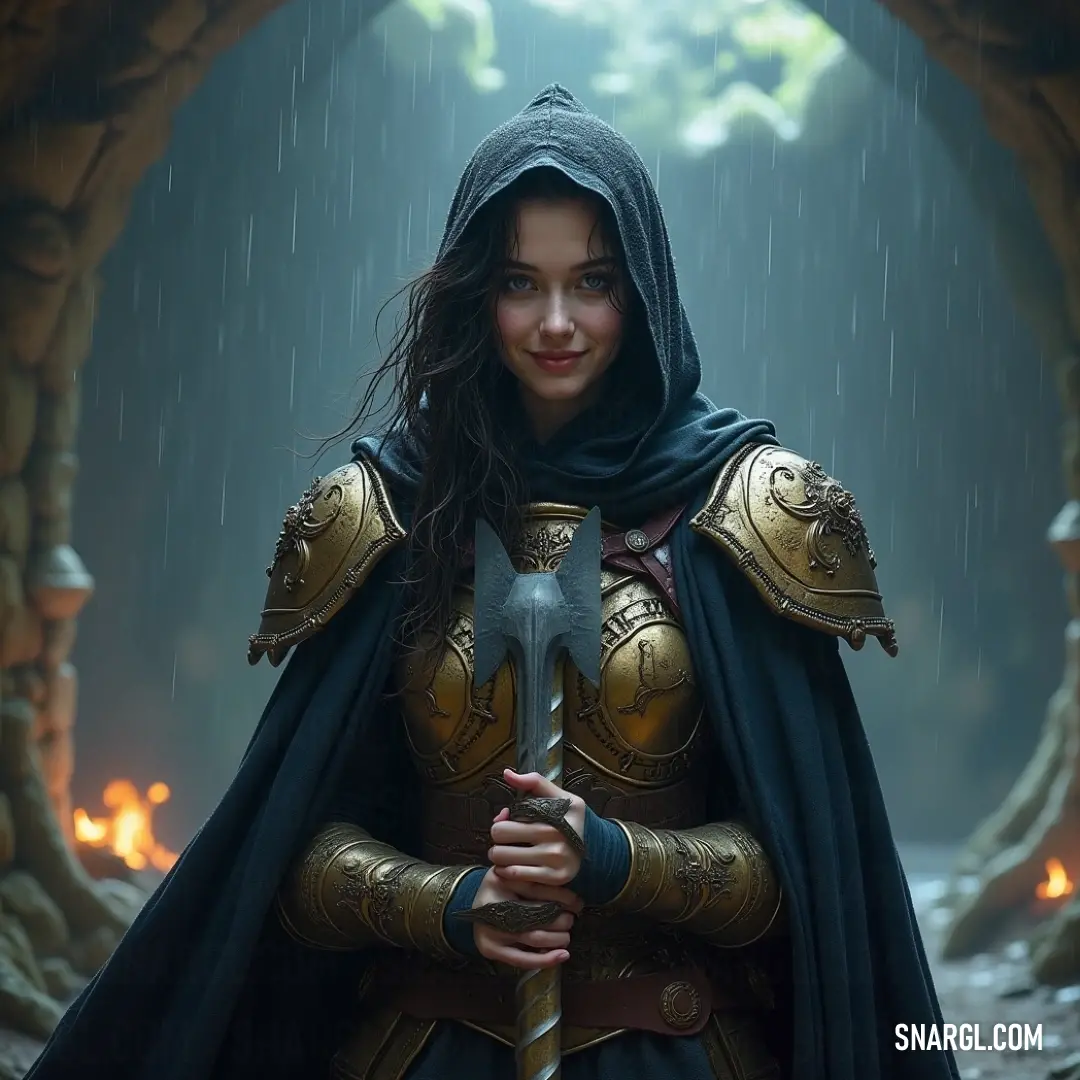 A fierce warrior donned in a medieval costume wields her gleaming sword amidst a rain-soaked tunnel, where flickering torches cast dancing shadows, creating an atmosphere rich with drama and anticipation.