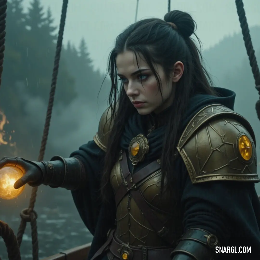 A warrior in armor holding a glowing light bulb aboard a boat. A fierce warrior clad in gleaming armor stands on a boat, clutching a luminous light bulb that casts a soft glow around her. The shimmering waters reflect her resolve as she navigates the challenges ahead with unwavering determination.