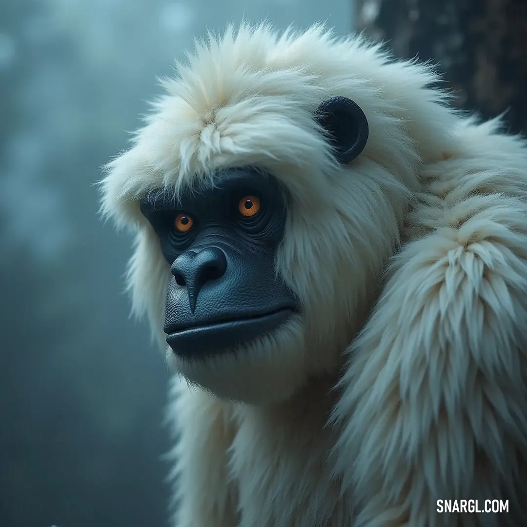 A captivating White Yeti with deep black facial features and striking orange eyes gazes curiously at the camera, standing before a majestic tree trunk in an enchanting forest.