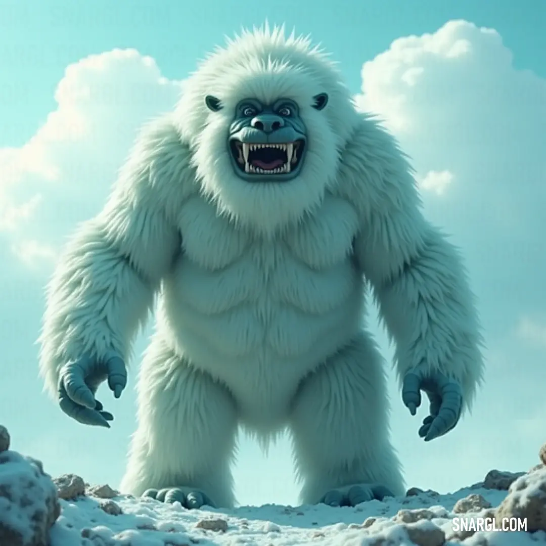 An imposing yeti beast, draped in fluffy white fur, dominates a rocky hill, with its wide-open mouth showcasing formidable teeth, epitomizing the wild essence of its untamed surroundings. A fierce yeti beast with a plush white coat stands atop a rugged rocky hill, its mouth agape, revealing an intimidating display of sharp teeth - a true embodiment of primal power against the backdrop of a stark wilderness.
