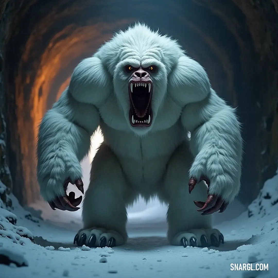 A grand white bear stands proudly within a cavernous tunnel, its mouth wide open, exhibiting a powerful presence as it captures the essence of the wild, echoing through the icy corridors of nature's majestic domain.