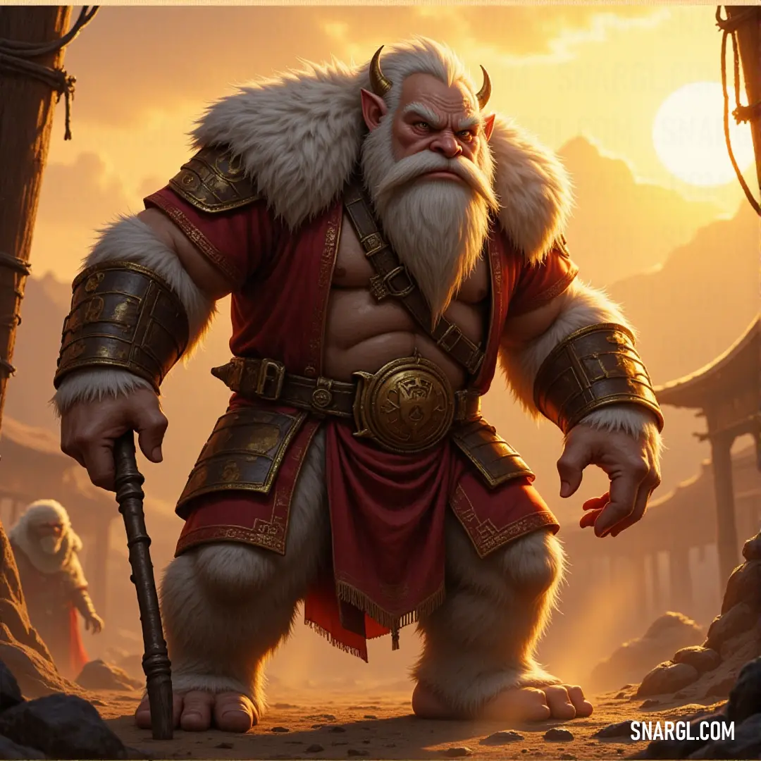 Mighty Yeti Behemoth with a massive beard and a rugged, imposing face, standing tall in a frozen wilderness. A towering Yeti Behemoth with an enormous beard and fierce facial features, exuding an aura of raw strength and ancient wisdom, his icy gaze piercing the frozen landscape.
