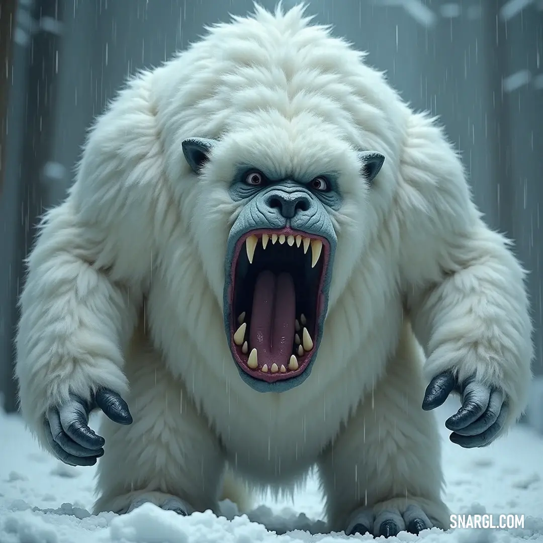 Polar Bear Roaring in a Winter Forest A fierce white polar bear displays its powerful jaws, mouth agape, amidst a wintery forest, showcasing its dominance while blending harmoniously with the wild surroundings.