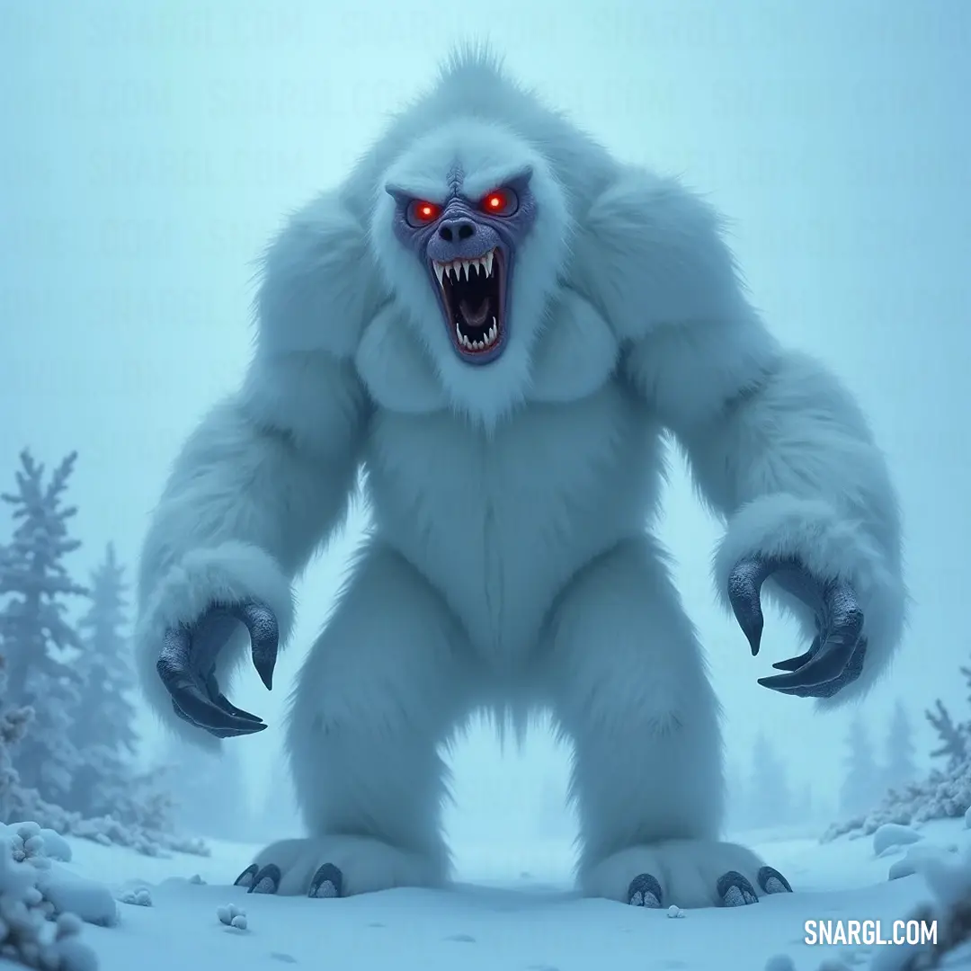 The formidable Yeti Fiend, with its wild appearance and piercing gaze, commands attention amidst the tranquil snow, leaving an unforgettable impression. A fierce Yeti Fiend with striking red eyes and fearsome claws, standing boldly in a snow-covered realm, exuding an air of mystery and strength against the chilly backdrop.