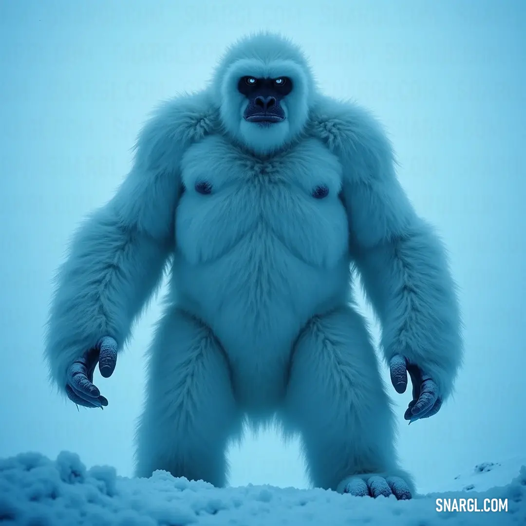 In the stillness of winter, the white Yeti King exhibits a tranquil demeanor, standing effortlessly in homage to the snow, eyes closed in serenity, evoking a sense of calm within the winter landscape. The serene figure of a large white Yeti King stands peacefully in the snow, eyes gently closed and hands tucked away, radiating tranquility and wisdom amidst the crushing cold of its snowy domain.