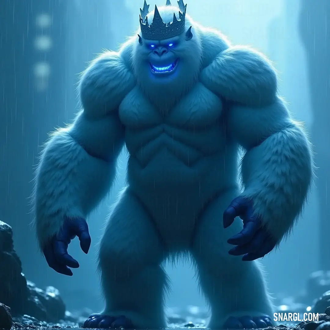 A captivating vision of Bigfoot, adorned with a crown, standing vibrantly in the rain, illuminated by an ethereal blue light, evoking an aura of legend and enigma. Amidst a rain-soaked scene, Bigfoot stands resplendent with a crown atop its head, illuminated by a mysterious blue light that casts a surreal glow, enhancing its mythical aura against the backdrop of twilight.