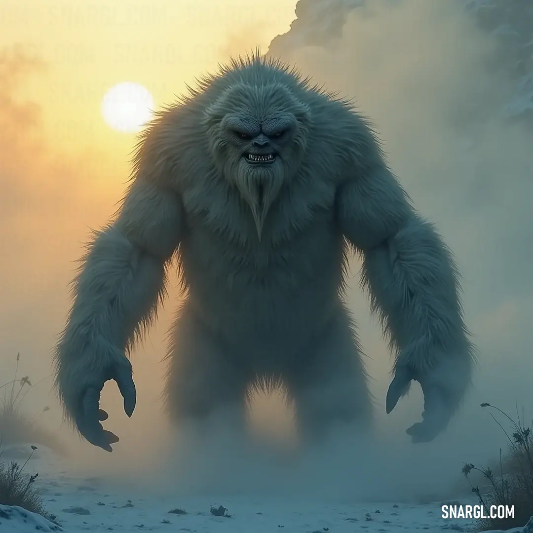 A formidable Yeti rising from the snow at sunset, blending the realms of legend and nature in a breathtaking tableau. A mighty Yeti, wrapped in thick fur, stands bravely in a snowy landscape, framed by a breathtaking sunset. The sun casts a warm glow behind it, while clouds adorn the sky, creating a stark contrast with the icy terrain.