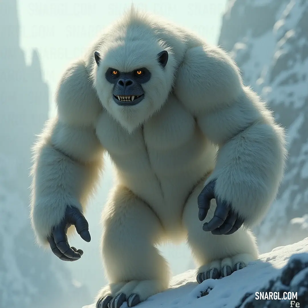A formidable Yeti Terror stands on a snowy hill, hands tucked into its pockets and mouth agape, as if exclaiming its victory over the cold wilderness, a towering figure of legend amidst a breathtaking panorama of winter's splendor.