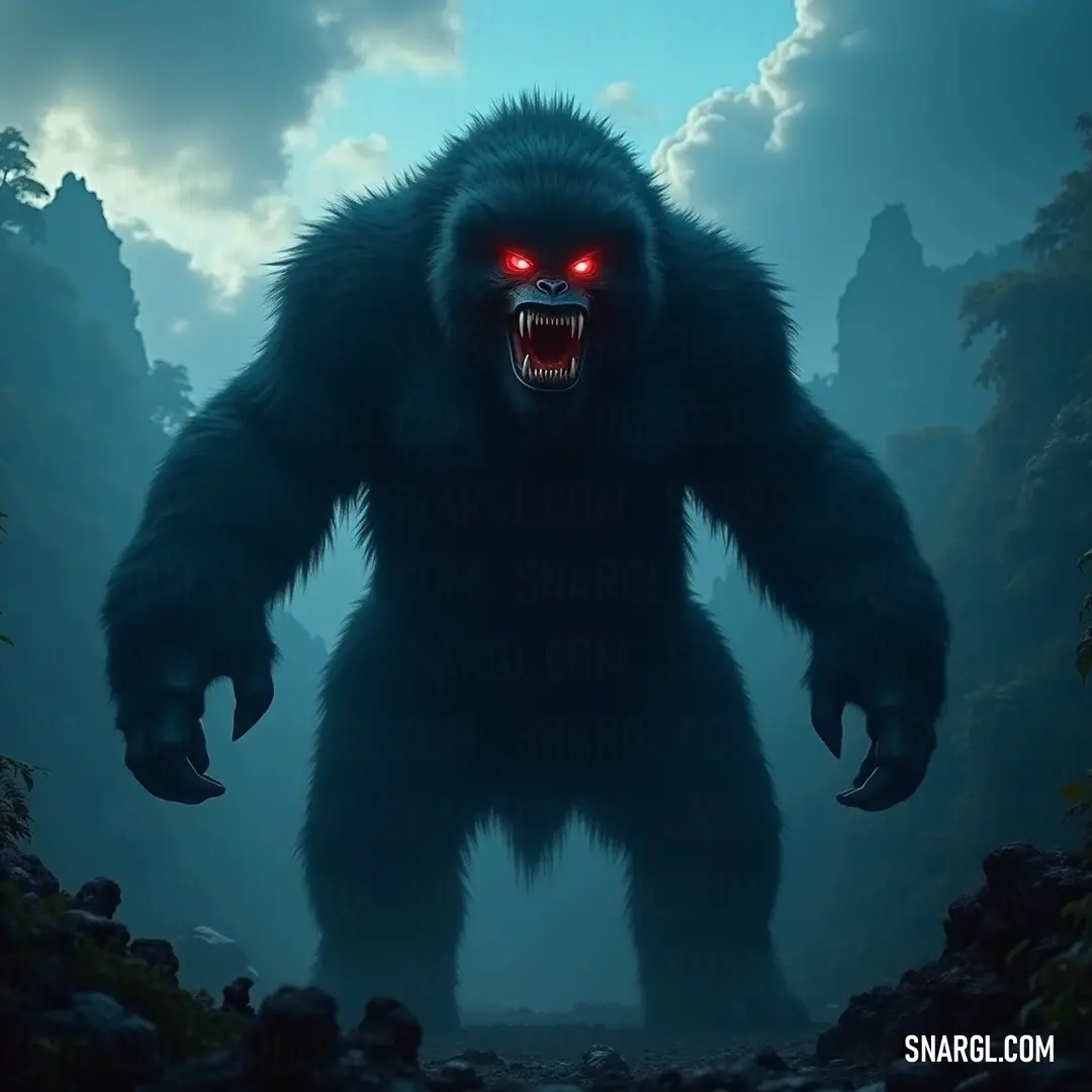 A haunting silhouette of Bigfoot emerges in the nighttime forest, its ominous red eyes glowing in the darkness, a harbinger of mystery and folklore. In a dark forest at night, Bigfoot lurks with an imposing presence, its red eyes glowing menacingly against the shadows. The eerie atmosphere of the surroundings adds a layer of suspense to this mysterious figure.