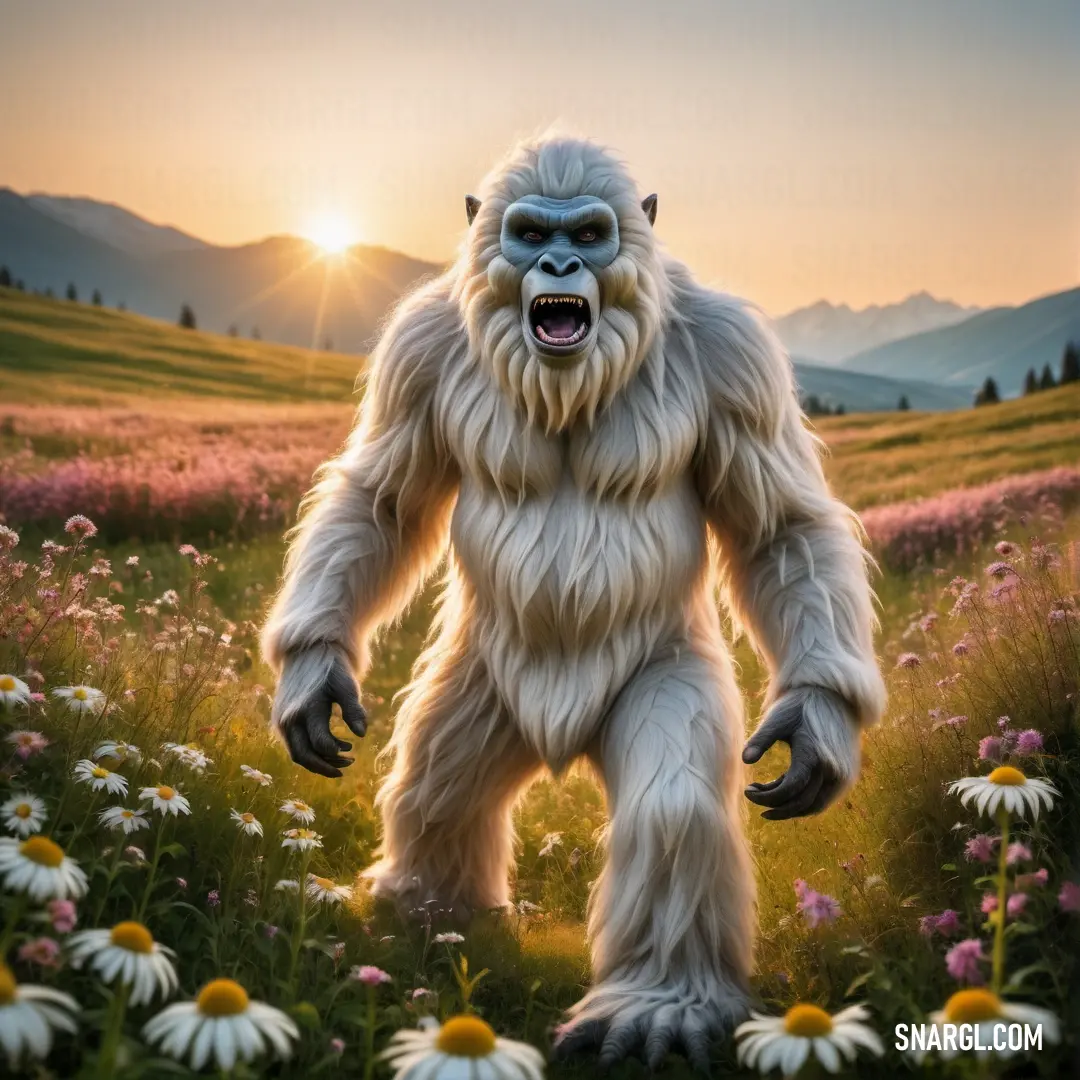 Big furry Yeti standing in a field of flowers with the sun setting behind it and mountains in the distance