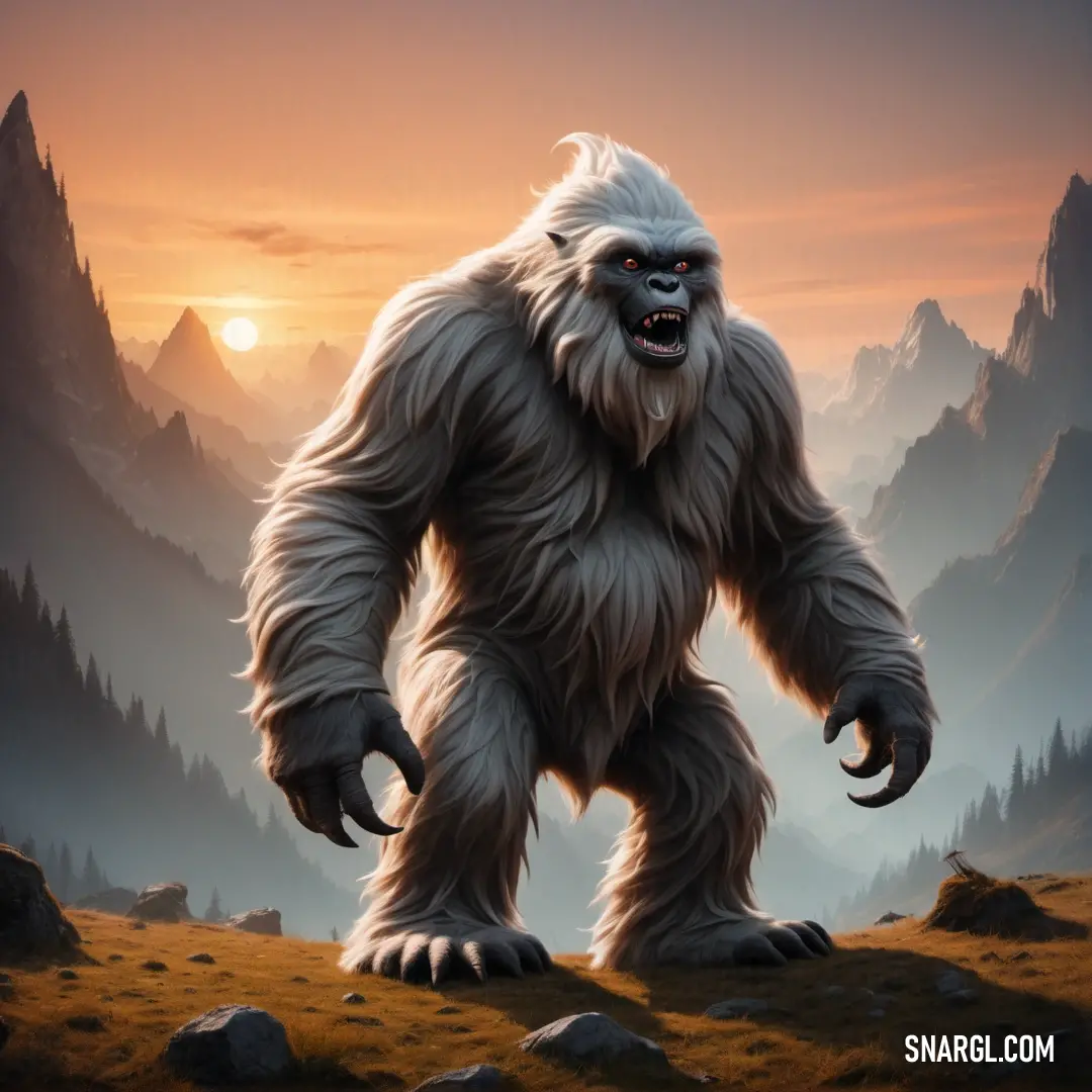 Big furry Yeti standing on a hill at sunset with mountains in the background and a sun setting behind it
