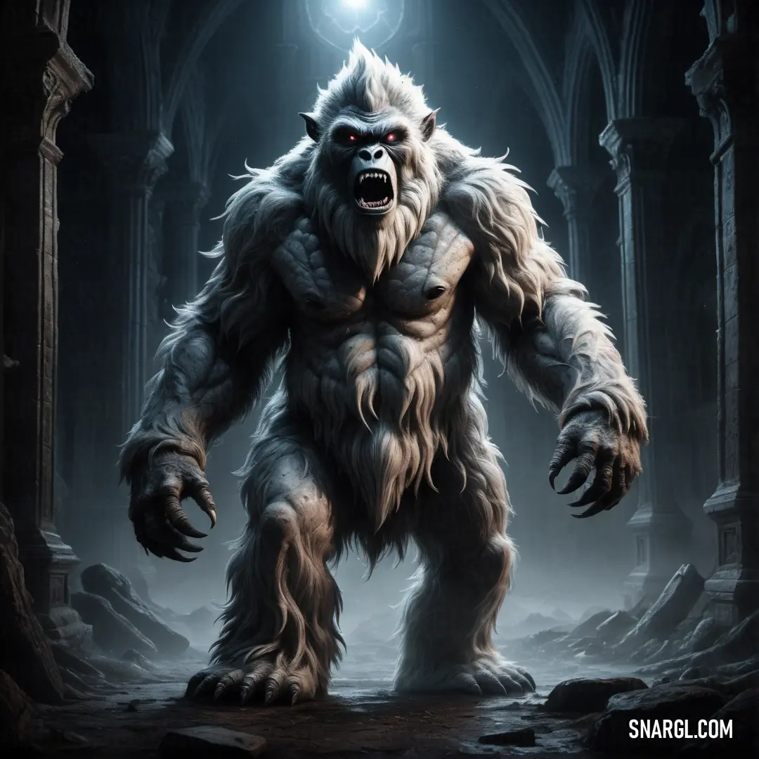 Big furry Yeti standing in a cave with a light on his head and a flashlight shining in his mouth