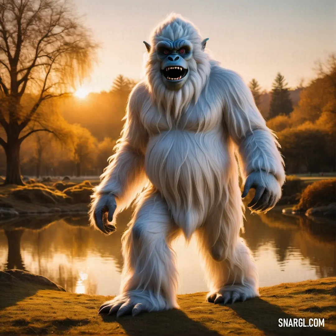 Big furry Yeti standing in front of a lake at sunset or dawn with the sun shining behind it