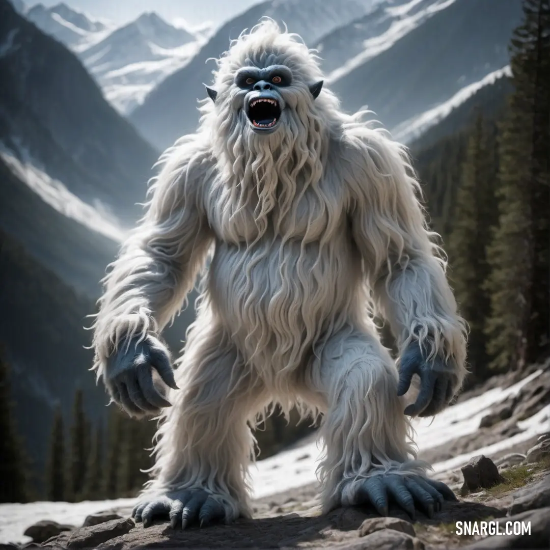 Big furry Yeti standing on a rocky mountain side with mountains in the background and snow covered mountains in the foreground