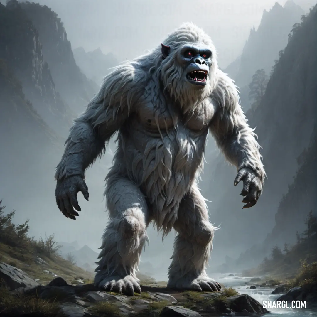 Big furry Yeti standing on a rocky hillside in the wilderness with a stream running through it's foreground