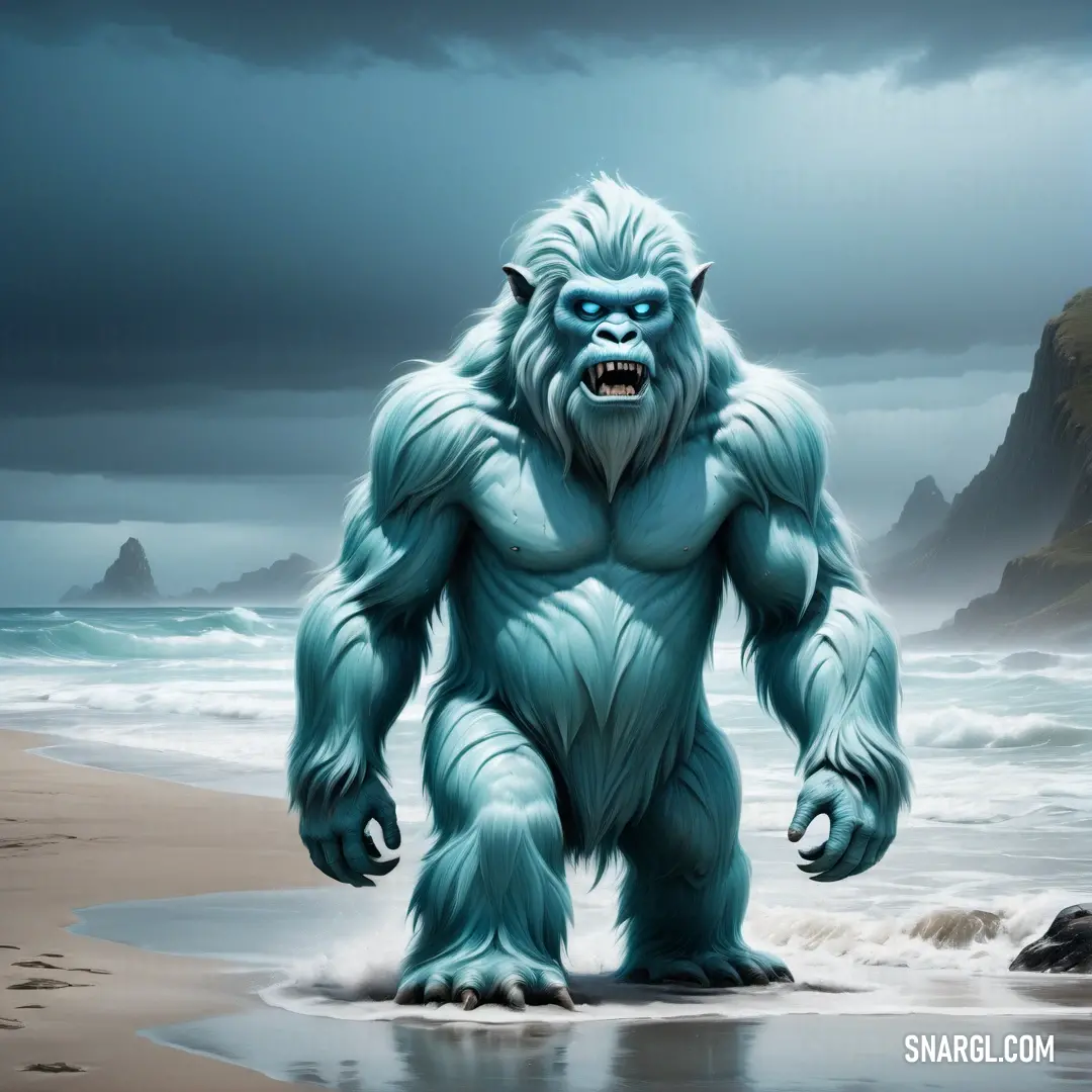 Big furry Yeti standing on a beach next to the ocean with a dark sky in the background