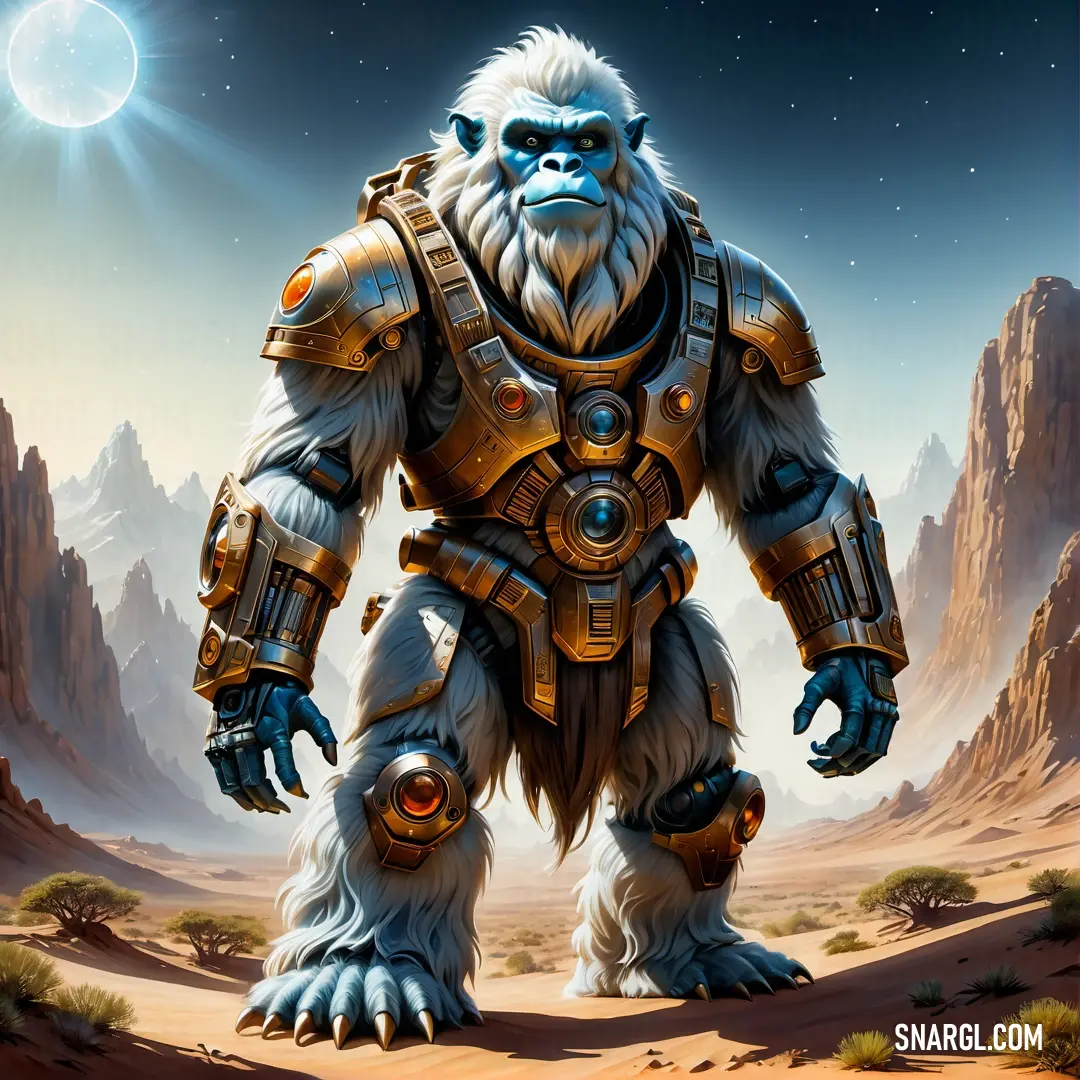 Big furry Yeti standing in the desert with a moon in the background