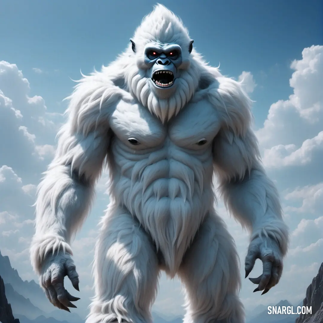 Big furry Yeti standing in the middle of a mountain range with a sky background