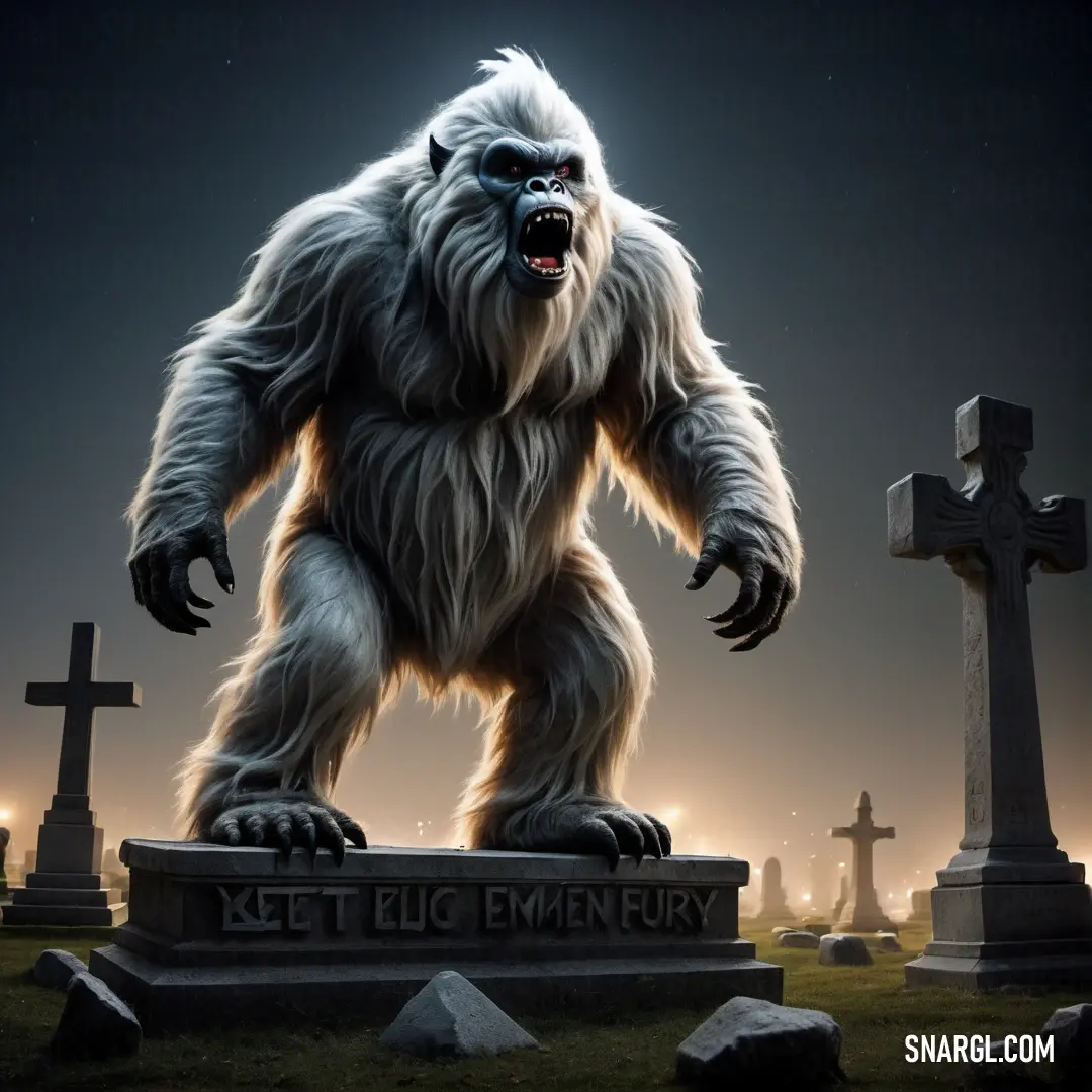 Big furry Yeti standing in a cemetery at night with a cemetery cross in the background and a full moon in the sky