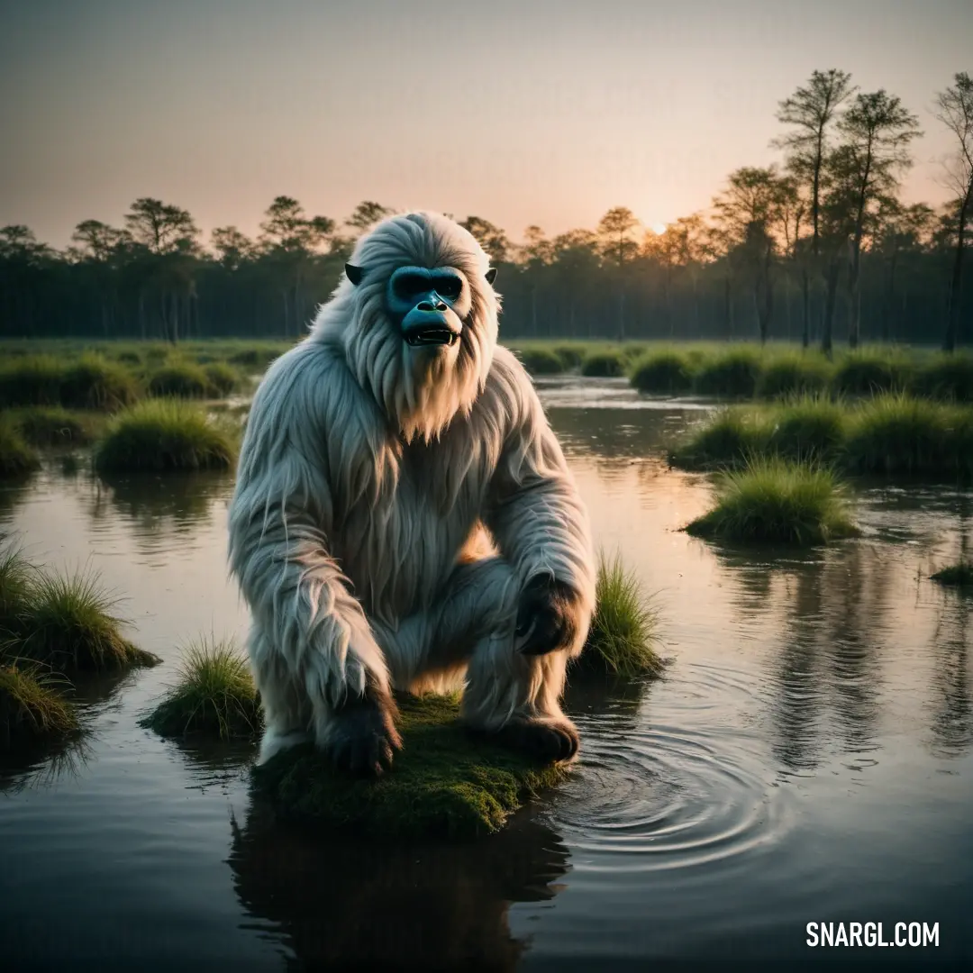 Big furry Yeti on a small island in a swampy area at sunset or dawn with a reflection in the water