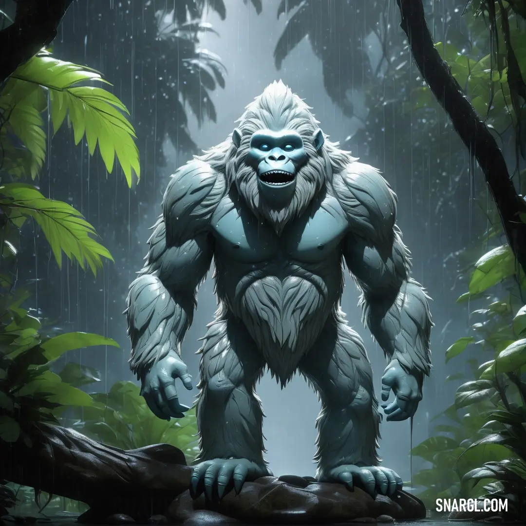 Big furry Yeti standing in the middle of a forest with a tree branch in front of it