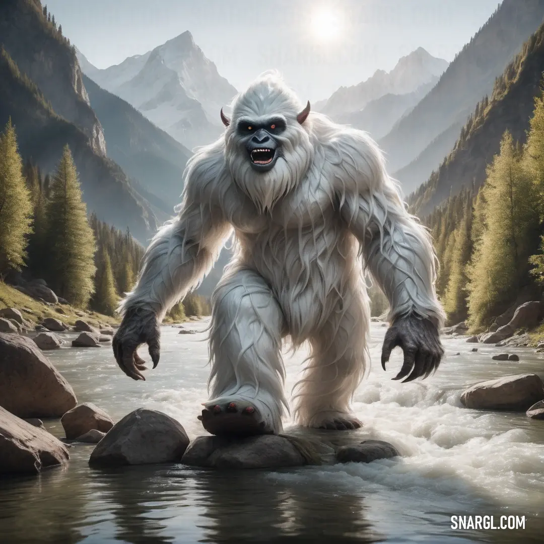 Big furry white Yeti standing on a rock in a river with mountains in the background and a sun shining