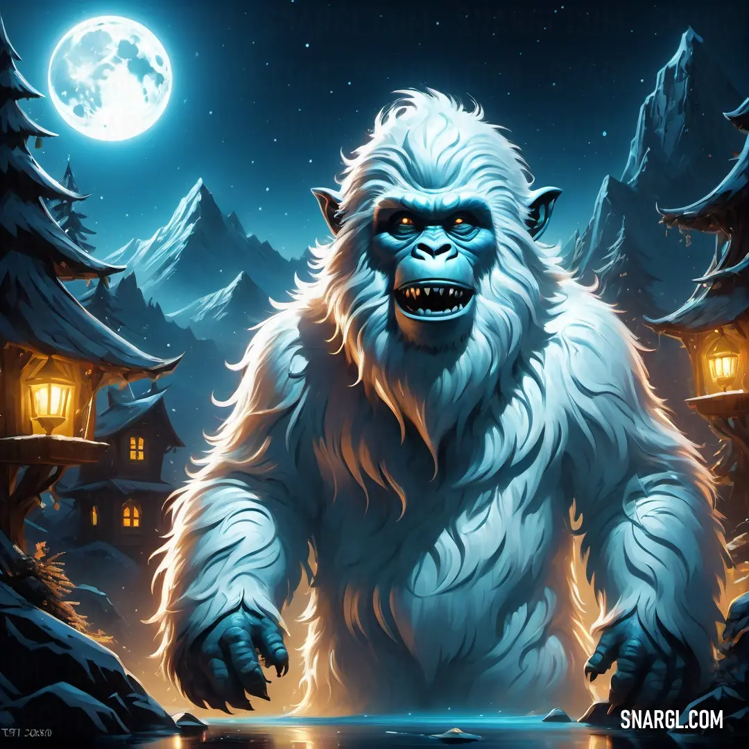 Big furry white Yeti standing in front of a full moon and a forest with trees and houses in the background