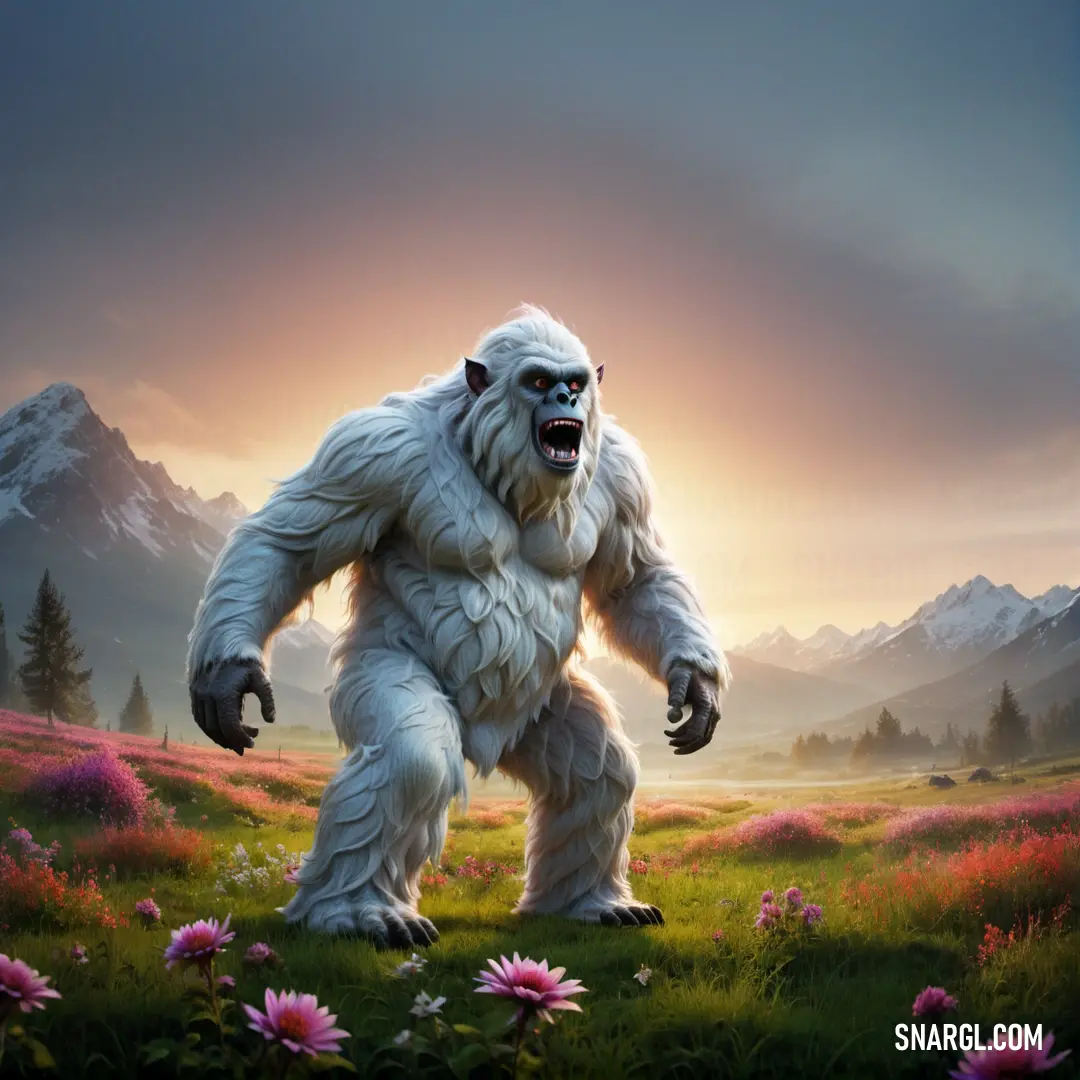 Big furry white Yeti standing in a field of flowers and grass with mountains in the background and a sunset