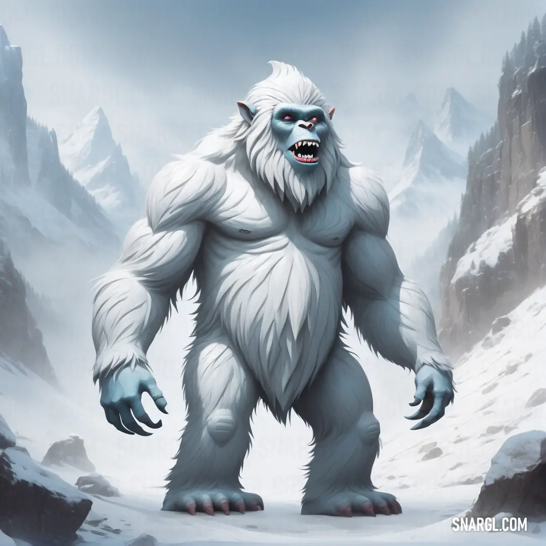 Big furry white Yeti standing in the snow with mountains in the background