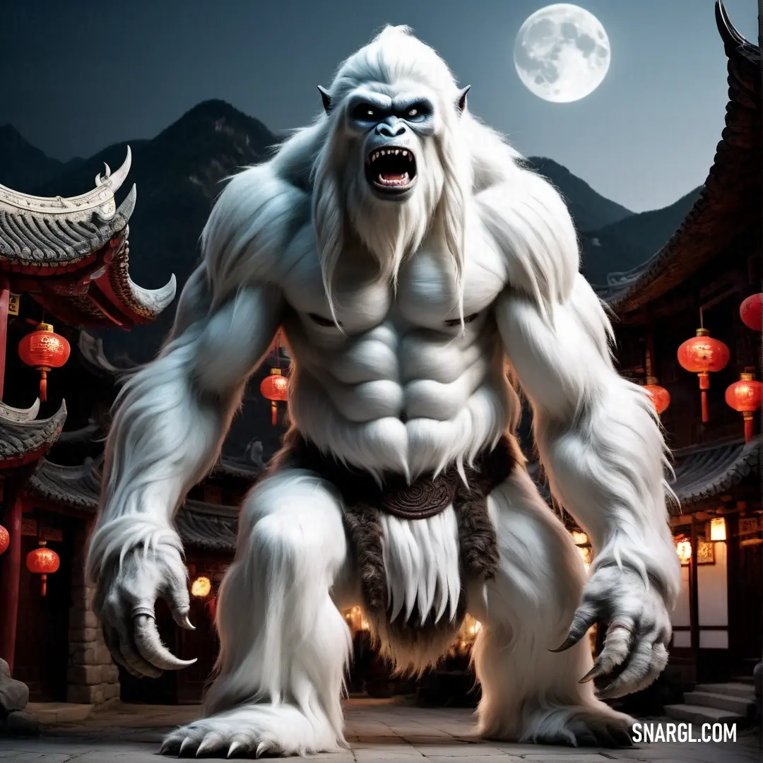 Big furry white Yeti standing in front of a building with lanterns and lanterns around it's perimeter