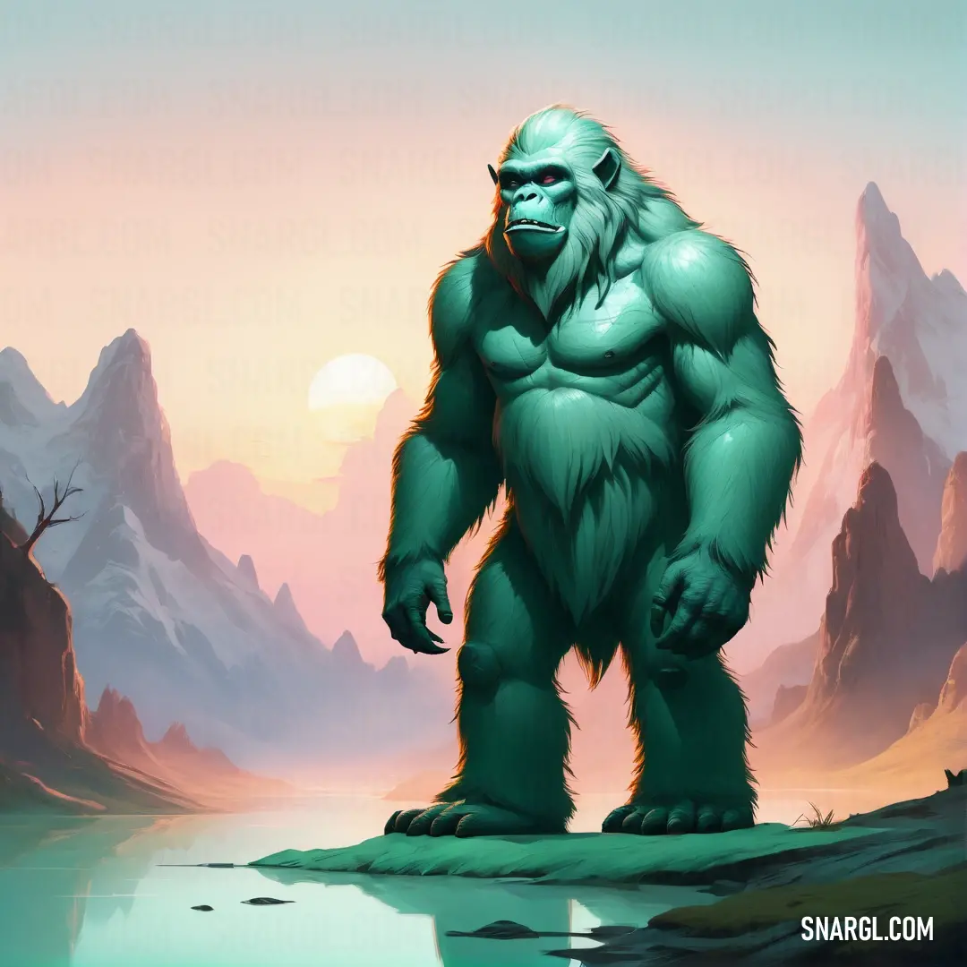 Big green Yeti standing on a rock near a lake and mountains in the background with a sunset in the sky
